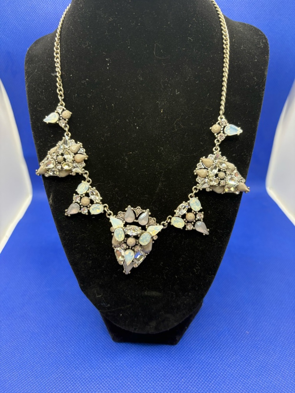 Statement Necklace Iridescent Rhinestone Cluster Bib Silver Tone